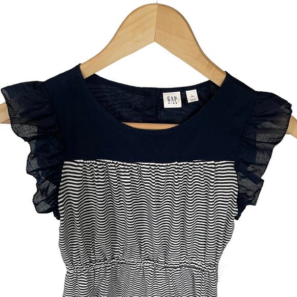 Girls L 10 GAP Kids Navy Blue White Ruffle Flutter Sleeve Stripe Summer Dress - Picture 4 of 5